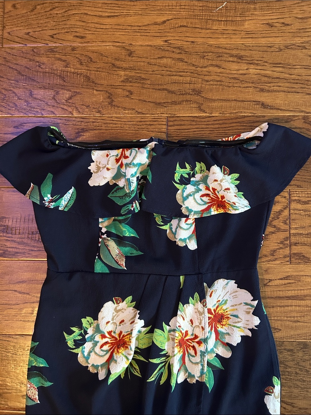 Navy Off-Shoulder Floral Dress with Ruffle